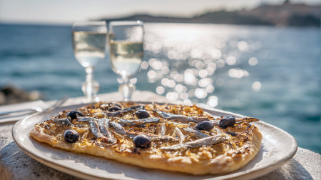 Fresh Pissaladiere with Olives, Onions, and Anchovies, Paired with Two Glasses of White Wine by the Scenic Mediterranean Sea,の素材