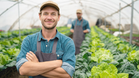A smiling, confident male farmer with a cap and apron stands with his arms crossed in a greenhouse, with another farmer working in the background, showcasing modern agriculture and fresh produce.の素材