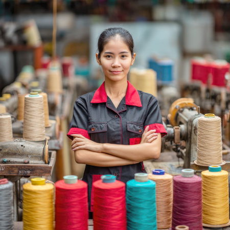 A confident female factory worker stands proudly with arms crossed, in a textile workshop, surrounded by large spools of colorful thread and sewing machines, symbolizing professionalism and the craft.の素材
