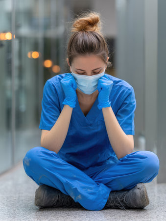 Healthcare Burnout and Overworked Professional. A poignant image of a healthcare worker sitting on the floor in scrubs, wearing a mask and gloves, symbolizing stress, exhaustion, and the immense pressure faced by medical staff.の素材