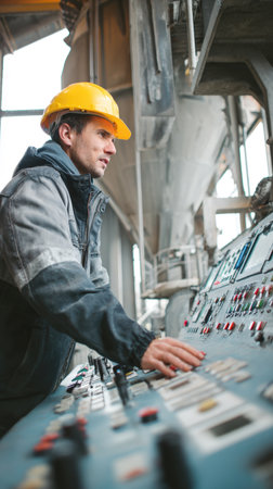 A professional industrial worker, wearing a yellow hard hat and protective jacket, is captured in a detailed shot as he operates a complex control panel in a large manufacturing or processing facility.の素材