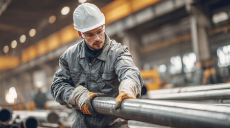 A male factory worker in a hard hat, safety glasses, and gloves is captured in a detailed shot as he expertly handles a heavy metal pipe on the factory floor, highlighting themes of industrial labor and technical skill.の素材