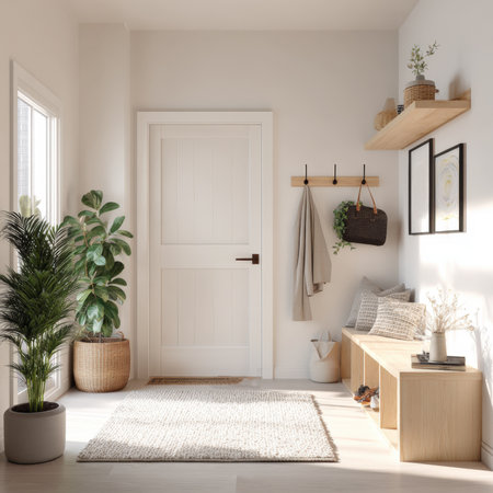 An aesthetic interior design of a home entryway, featuring a light wooden bench with storage shelves, a hanging rack, and potted plants. The clean and modern style is complemented by a large white door and natural lighting.の素材