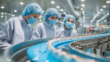A detailed image of three industrial workers in sterile uniforms, hairnets, and face masks, meticulously inspecting a blue conveyor belt with small bottles on a modern food and beverage production line.の素材