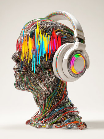 A side view of a human head made of colorful wires and electronic components. The subject is wearing white headphones, and a vibrant audio equalizer or waveform is visible on the side of its head.の素材