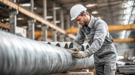 An industrial worker in uniform, with a white hard hat and gloves, inspecting a large metal pipe in a factory setting. The image represents quality control, heavy industry, construction, and professional management of industrial materials.の素材