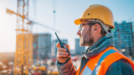 A diligent construction manager is captured in a powerful moment, looking out at a vast construction site while holding a walkie-talkie. His hard hat and high-visibility vest signify his authority and focus, embodying leadershipの素材