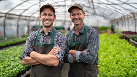 Two professional men in work aprons and caps stand with their arms folded in a greenhouse filled with fresh plants. Their confident and happy expressions suggest a successful and sustainable business.の素材