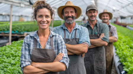 A group of happy and confident farmers in aprons and hats, standing with their arms crossed in a large greenhouse. The image embodies teamwork, success, and the joy of working in sustainable agriculture.の素材