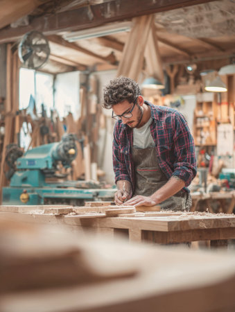 A focused woodworker wearing glasses and an apron, carefully marking a piece of wood in a rustic workshop. The image represents the dedication, skill, and precision of a passionate craftsman at work.の素材