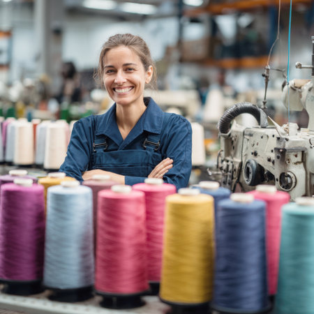 A smiling, professional factory worker poses confidently with her arms crossed in a textile factory. She is surrounded by large, colorful spools of thread, representing a dedication to her work and craft.の素材