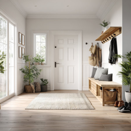 A beautifully decorated and clean hallway featuring a light wood bench with storage, a wall-mounted coat rack, and a soft area rug. The space is bright and airy with natural light and plants.の素材