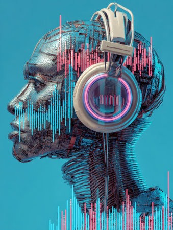 A side view of a metallic, robotic-looking human head wearing white headphones with glowing neon circles. Bright audio equalizer bars in pink and blue flash around the head, symbolizing sound and technology.の素材