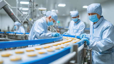 A team of factory workers in full sanitary gear, including hairnets and masks, inspects and handles products on a conveyor belt in a large-scale food and beverage production facility.の素材