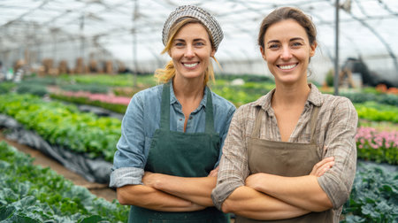 A portrait of two smiling women farmers in aprons and casual workwear, standing proudly with their arms crossed in a lush greenhouse. The image embodies teamwork, sustainability, and the joy of working with nature.の素材
