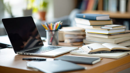 Productivity at a home office or in a library space with a laptop and a pile of books. A neat workspace with a computer, textbooks, and various stationery ready for work or study.の素材