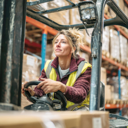 A focused female forklift driver is captured inside a busy warehouse, navigating between aisles of stacked pallets. The image conveys professionalism, efficiency, and the modern logistics industry.の素材