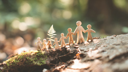 A line of small wooden family figures holding hands on a mossy log in a sunlit forest. The image represents family unity, love, and the connection to nature and environmental protection.の素材