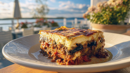 A delicious plate of traditional Greek Moussaka, with layers of eggplant, minced meat, and bechamel sauce, served on a plate with the sea in the background.の素材