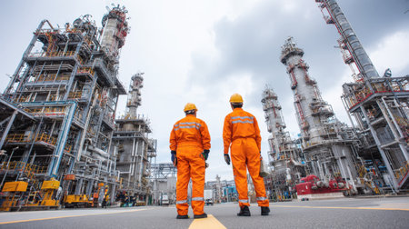 Two engineers in orange safety jumpsuits and hard hats stand with their backs to the camera, looking up at a massive, complex oil refinery and chemical plant, representing industrial scale and power.の素材