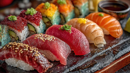 An exquisite assortment of fresh Asian sushi and sashimi, beautifully arranged on a dark, rustic serving platter. The vibrant colors of ruby red tuna, delicate salmon, succulent shrimp, and various artfully rolled maki rolls, each topped with intricate garnishes, invite a feast for the eyes and palate. This high-quality, close-up shot perfectly captures the artistry and freshness of Japanese cuisine, ideal for restaurant menus, food blogs, or culinary promotions.の素材