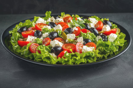 A vibrant and fresh Greek salad, bursting with crisp lettuce, juicy cherry tomatoes, briny black olives, and generous cubes of crumbled feta cheese. This healthy and delicious Mediterranean staple is beautifully arranged on a dark plate, showing its rich colors and appetizing textures, perfect for food blogs, healthy eating campaigns, or restaurant menus.の素材