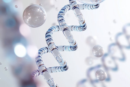 A sleek, translucent blue DNA double helix, rendered with crystalline clarity and surrounded by ethereal floating spheres. This modern and clean depiction of genetic structure conveys themes of scientific advancement, biotechnology, healthcare innovation, and cutting-edge research. Ideal for medical, pharmaceuticalの素材