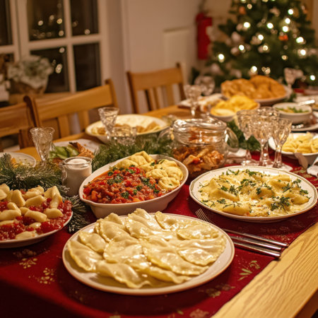 A beautifully set Polish Christmas Eve table, laden with traditional dishes, creating a warm and inviting atmosphere. Plates brimming with various pierogi, a rich tomato sauce, and other festive fare are elegantly arranged, accented by evergreen boughs. In the soft, blurred background, the twinkling lights of a Christmas tree complete this quintessential holiday scene, perfect for seasonal greetings, culinary blogs, or festive promotionsPolish Christmas eve, beautifully set table with an extra seat left open for an unexpected guest, on the table we see pierogi, barszcz, Russian salad, a fish, borscht with ravioliの素材
