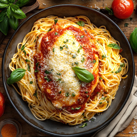 A classic Italian-American comfort dish, featuring a succulent chicken parmesan generously topped with rich marinara sauce and melted cheese, served over a bed of perfectly cooked spaghetti. Garnished with fresh basil and grated parmesan, this inviting meal is a feast for the senses. Ideal for restaurant menus, recipe blogs, and content related to hearty, traditional Italian cuisine.の素材