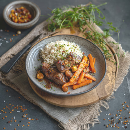 A delicious and comforting close up of a hearty beef stew, featuring tender chunks of meat and perfectly glazed carrots, served alongside a generous portion of fluffy white rice. The dish is artistically presented in a gray ceramic bowl on a rustic wooden board with a burlap accent, complemented by a blurred background of fresh herbs and spices, evoking warmth and home cooked goodness.の素材