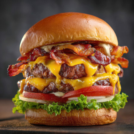 A mouth-watering close-up of an impressively tall triple cheeseburger, featuring three perfectly grilled beef patties, generously layered with rich, melted cheddar cheese and crispy, glistening bacon. Fresh green lettuce, vibrant red tomato slices, and delicate white onion rings provide a flavorful balance, all embraced by a golden, toasted brioche bun against a subtly textured dark background.の素材