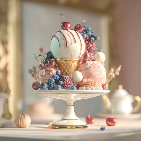 indulge in a luxurious symphony of flavor with our exquisite gourmet ice cream creation. Featuring a perfect scoop perched in a golden waffle cone, adorned with luscious mixed berries, ripe cherries, and delicate pink accents, all elegantly presented on a classic dessert stand. A visual feast of creamy textures and vibrant colors, evoking pure dessert bliss and sophisticated sweetness.の素材