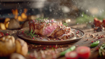 Experience the ultimate culinary delight with our expertly cooked, juicy steak, seared to perfection and showcasing a tender, pink interior. Garnished with fresh rosemary and vibrant peppercorns, this savory masterpiece rests on a rustic plate amidst a sprinkle of spices. The inviting steam rises, creating a dynamic and mouth-watering scene, ideal for food enthusiasts and gourmets alike.の素材