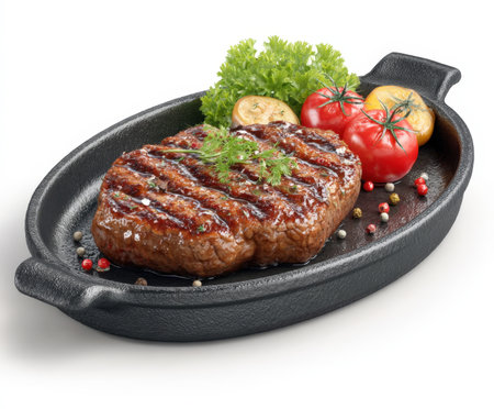 A mouth-watering close-up of a perfectly grilled, thick beef patty with enticing char marks, served on a sleek black cast iron platter. It's elegantly garnished with vibrant red tomatoes, fresh green lettuce, and a slice of grilled lemon, all speckled with colorful peppercorns. Isolated on a clean white background, this image highlights the savory appeal of a classic grilled meal.の素材