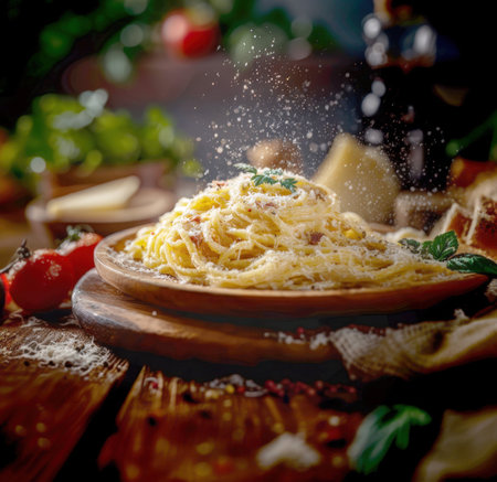 A delectable close up of a perfectly plated spaghetti carbonara, generously coated in a rich, creamy sauce and topped with crispy bacon bits, fresh parsley, and a flurry of grated parmesan cheese. The rustic wooden table setting, with scattered peppercorns, fresh tomatoes, garlic, and a bottle of wine in the background, enhances the authentic Italian culinary experience.の素材