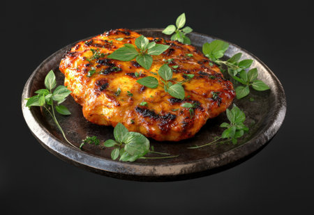 A close up of a beautifully grilled chicken breast, showing a rich, golden-brown glaze and subtle char marks. The tender meat is generously sprinkled with fresh green herbs, likely oregano or thyme, and presented on a rustic dark plate, isolated against a deep black background, emphasizing its culinary appeal as a healthy and delicious protein option.の素材
