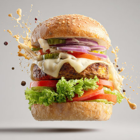 A dynamic and appetizing close-up of a vibrant veggie burger, beautifully stacked with a thick, savory patty, melted white cheese, crisp lettuce, juicy tomato slices, and vibrant red onion rings. Zesty sauce splashes dramatically around the burger, emphasizing its fresh ingredients and bursting flavors, all presented on a toasted sesame seed bun against a clean, light background.の素材