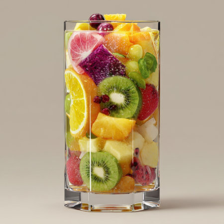 A kaleidoscope of nature's finest, this tall glass overflows with a meticulously arranged assortment of fresh, vibrant fruits. Juicy oranges, tangy kiwi slices, luscious strawberries, sweet grapes, exotic dragon fruit, and ruby red pomegranate seeds are artfully layered, creating a visually stunning and incredibly appetizing display. Each piece shines with natural goodness, promising a refreshing and healthy burst of flavor. Perfect for promoting healthy eating, summer refreshments, or natural food products, this image radiates freshness and vitality.の素材