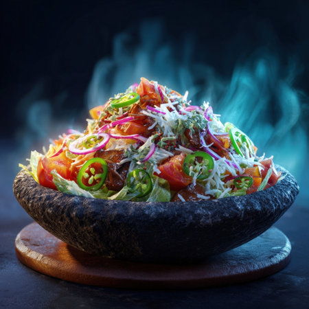 Experience the vibrant energy of this steaming, generously portioned fajita bowl, presented in a rustic stone vessel. Piled high with crisp lettuce, juicy tomatoes, vibrant red onions, and fiery green jalapenos, this dynamic dish is topped with a sprinkle of shredded cheese and fresh herbs. wisps of steam rise enticingly, highlighting the hot, savory ingredients and the bold, authentic flavors within. perfect for capturing the excitement of Mexican cuisine, a hearty meal, or a lively dining experienceの素材