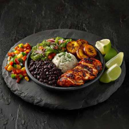 Indulge in this vibrant and wholesome Costa Rican Casado, a complete meal meticulously arranged on a traditional plate. This quintessential dish features tender, richly seasoned meat alongside fluffy white rice, savory black beans, and a refreshing array of fresh salad with bright green avocado slices and juicy tomato. Additional components like sweet fried plantains or a side of cooked vegetables often complete this culturally significant and deeply satisfying culinary experience. Perfect for showcasing authentic international cuisine, healthy balanced meals, and hearty dining.の素材