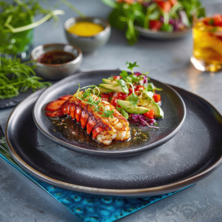 a beautifully grilled lobster tail, showing its vibrant red shell and tender white meat, takes center stage on a sleek, dark plate. it is elegantly accompanied by a colorful side salad featuring creamy avocado slices, diced red tomatoes, and fresh microgreens, adding a burst of freshness and texture. in the softly blurred background, additional elements like small bowls of sauce and drinks hint at a complete dining experience. this image perfectly captures the essence of luxury seafood and sophisticated culinary presentation, ideal for high-end restaurants and food blogs.の素材