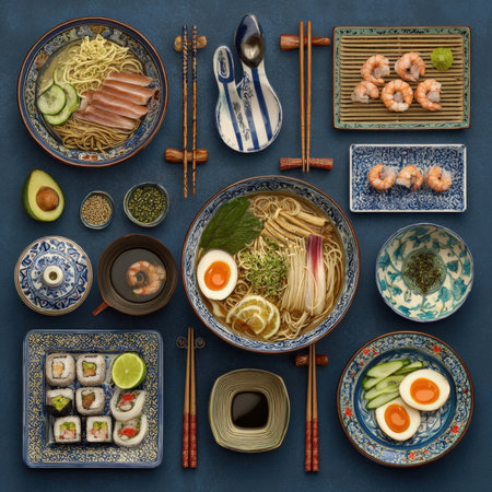 An elaborate and artistically arranged overhead shot showcasing a diverse spread of traditional Japanese cuisine on a deep blue background. The composition includes beautifully presented bowls of ramen with various toppings like sliced meats, eggs, and vegetables, alongside meticulously crafted sushi rolls, fresh prawns, and an avocado half. Accompanying elements like chopsticks, decorative bowls, and condiments complete this rich culinary tableau. Perfect for restaurant promotions, food blogs, travel guides, or any project highlighting authentic Asian dining, diverse flavors, and gourmet experiences.の素材