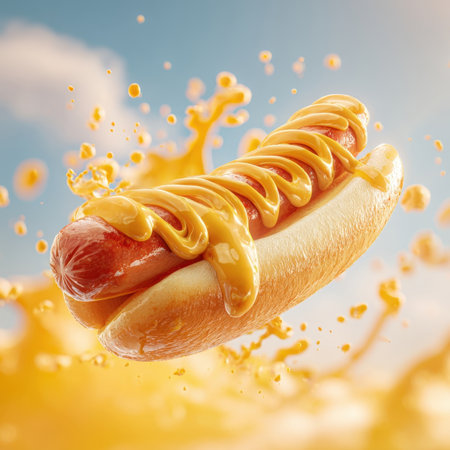 Experience the vibrant energy of a classic hot dog in mid air! This high resolution image features a perfectly cooked hot dog in a fluffy bun, generously drizzled with rich yellow mustard, with a dynamic splash effect creating a sense of movement and excitement. The bright blue sky and warm yellow hues in the background evoke a sunny, outdoor atmosphere. Perfect for fast food promotions, restaurant advertising, summer events, snack food campaigns, and any project requiring an eye catching and mouthwatering visual of a beloved American classic.の素材
