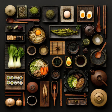 An meticulously arranged overhead flat lay showcasing a rich assortment of Asian culinary elements on a dark, textured background. The composition features various bowls of noodles, perfectly boiled eggs, fresh bok choy, green tea powder, a variety of seeds and spices, and an avocado half, alongside wooden utensils and traditional stoneware. This comprehensive and visually stunning collection is ideal for cookbooks, culinary blogs, restaurant menus, and any project highlighting healthy eating, diverse ingredients, and the artistry of Asian cuisine.の素材