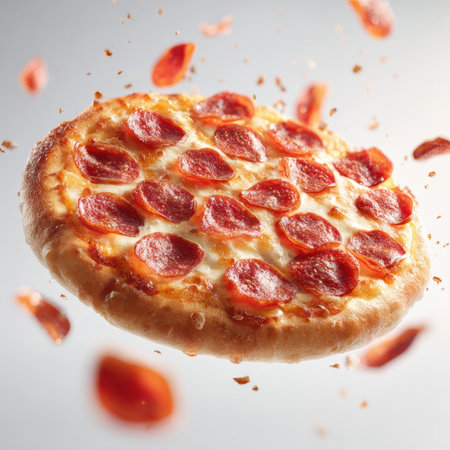 Capture the excitement of a classic with this dynamic image of a pepperoni pizza seemingly floating in mid air, surrounded by scattered pepperoni slices. The golden brown crust, bubbling melted cheese, and perfectly placed pepperoni create an appetizing visual that evokes a sense of deliciousness and fun. This photo is perfect for advertising, food blogs, menus, and any project requiring an eye catching and mouth watering representation of everyone's favorite comfort food.の素材