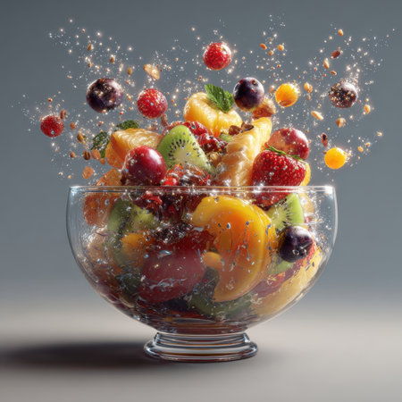 A dynamic and captivating shot of a vibrant fruit salad bursting from a clear glass bowl. Various colorful fruits, including strawberries, kiwi, cherries, and pineapple, appear to be actively splashing and levitating above the bowl, surrounded by sparkling droplets and small airborne particles, creating a sense of energy and freshness. The clean, solid gray background highlights the vivid colors of the fruit. This image is perfect for promoting healthy eating, freshness, natural ingredients, or anything related to vitality and delicious, refreshing desserts or snacks.の素材