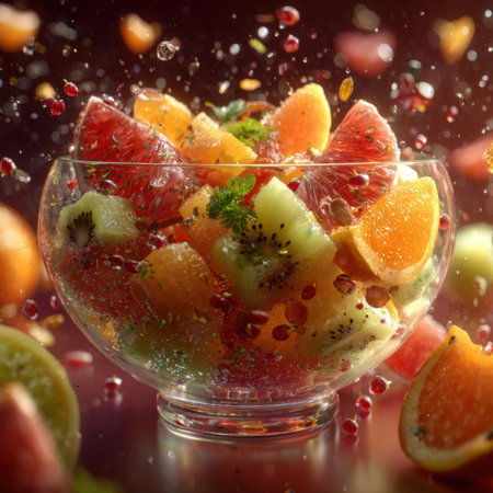 Indulge in this exquisite fruit salad, a vibrant symphony of fresh flavors and colors. Juicy oranges, tangy grapefruits, and sweet kiwis are perfectly complemented by a sprinkle of ruby red pomegranate seeds, creating a refreshing and healthy delight. Ideal for this image captures the essence of a wholesome snack or a light dessert, perfect for any health conscious lifestyle.の素材