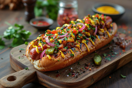 This tantalizing close up showcases a gourmet hot dog, overflowing with an array of vibrant toppings, including diced tomatoes, thinly sliced red onions, chopped pickles, and a generous drizzle of yellow mustard. Served on a rustic wooden cutting board, the hot dog is beautifully presented with scattered spices and fresh herbs, enhancing its appeal. Perfect for illustrating comfort food, street food, casual dining, or summer BBQ themes, this image evokes pure deliciousness and culinary delight.の素材