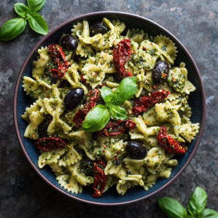 An appetizing top-down view of a colorful farfalle (bowtie) pasta salad, richly coated in vibrant green pesto. The dish is beautifully accented with savory sun-dried tomatoes and glossy black kalamata olives, garnished with fresh basil leaves. This image perfectly captures the essence of Mediterranean cuisine, ideal for food blogs, recipe books, and healthy eating promotions.の素材
