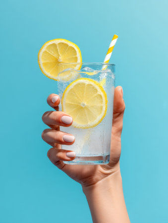 A hand holds a tall, clear glass of refreshing iced lemon water, garnished with two bright yellow lemon slices and a cheerful yellow and white striped straw. The glass is filled with ice cubes and has condensation, indicating its crisp coldness. Set against a vibrant turquoise background, this image perfectly captures the essence of summer, hydration, and a healthy, invigorating beverage, ideal for quenching thirst on a warm day.の素材